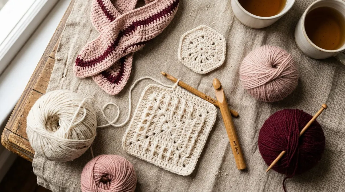 First crochet project inspiration featuring hook yarn and completed beginner sample