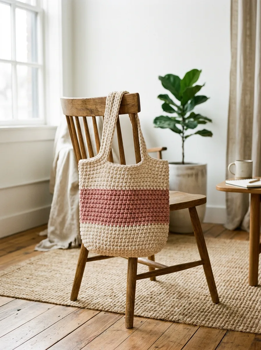 Modern crochet tote bag handcrafted with textured cotton yarn