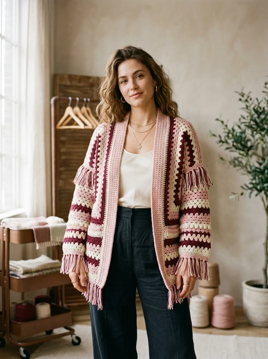 Modern oversized crochet cardigan with balloon sleeves