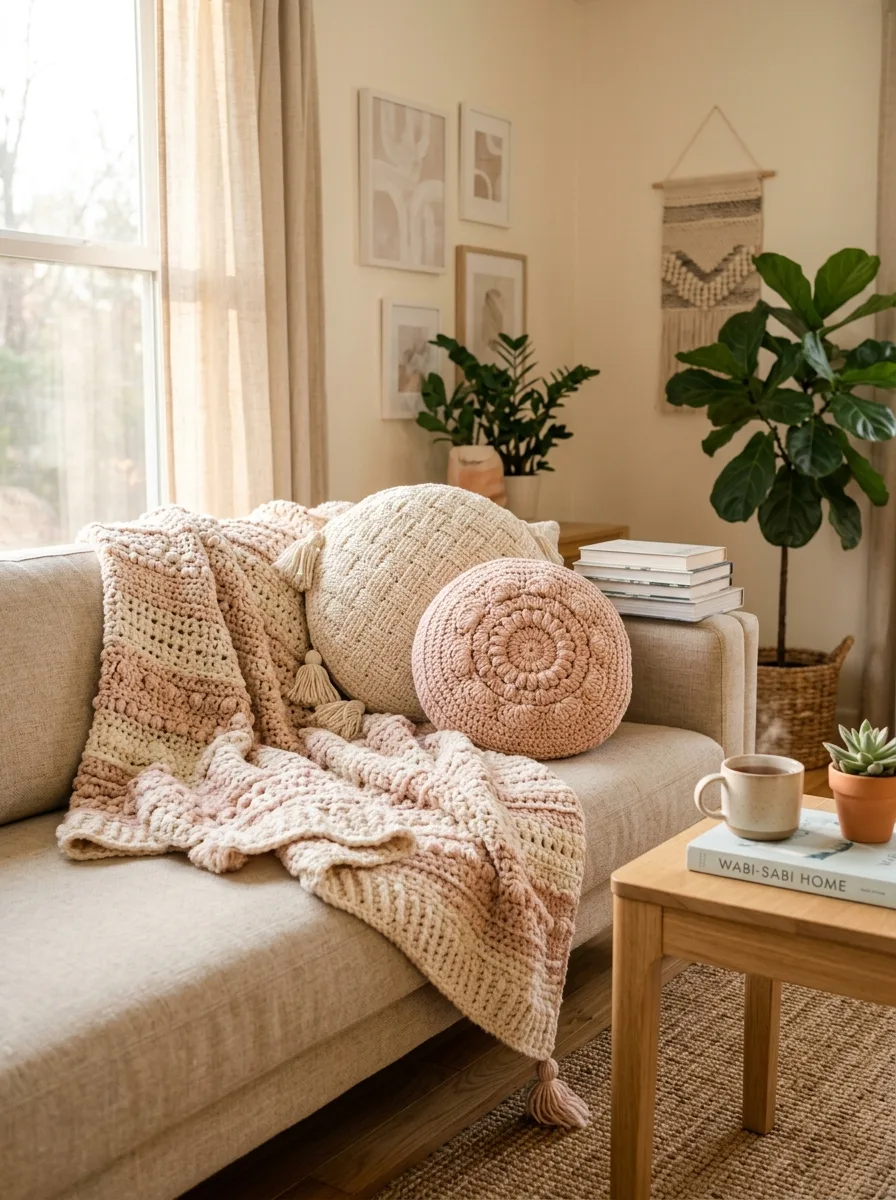 Handmade modern crochet blanket with waffle stitch texture
